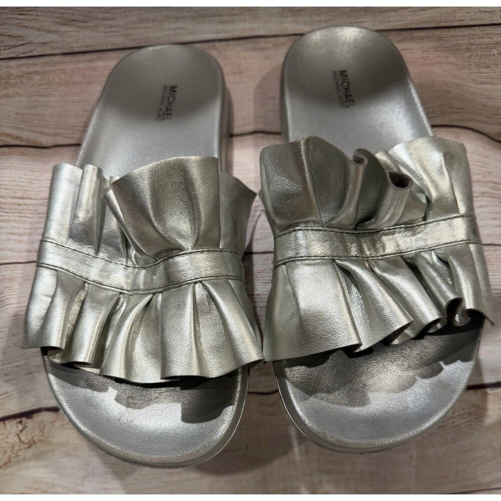 Michael Kors Women's Eva Silver Ruffle Slides Sandals size 9